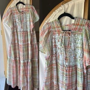 Free People Sally Maxi Dress Colorful Plaid Cottagecore Boho Embroidered Details